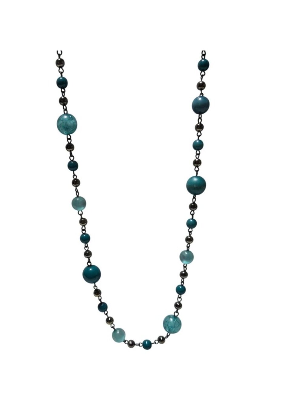 Vintage Blue Beaded Necklace Mixed Glass Metal Beads Boho Chic Fashion Jewelry
